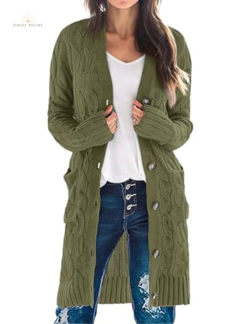Cable Knit Button Front Long Cardigan Sweater Loose Boyfriend Fit
